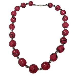 Vintage Barbie Pink Beaded‎ Necklace Black Silver Plated